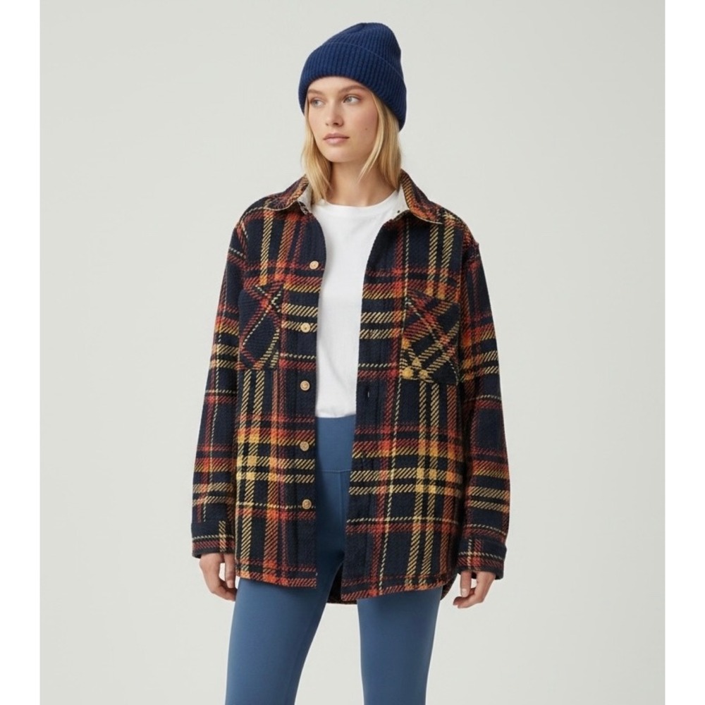 ROWM Women Plaid Shacket Size Medium‎ Navy Orange Yellow Button Front Jacket